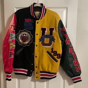 Varsity Black, Yellow, Red, and Green Bomber Jacket